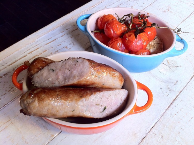 Toulouse Sausages and Slow Roasted Vine Tomatoes and Garlic